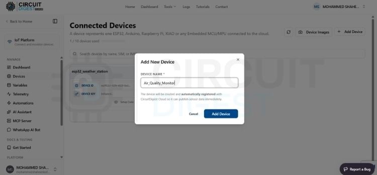 Добавление нового устройства в панель CircuitDigest Cloud