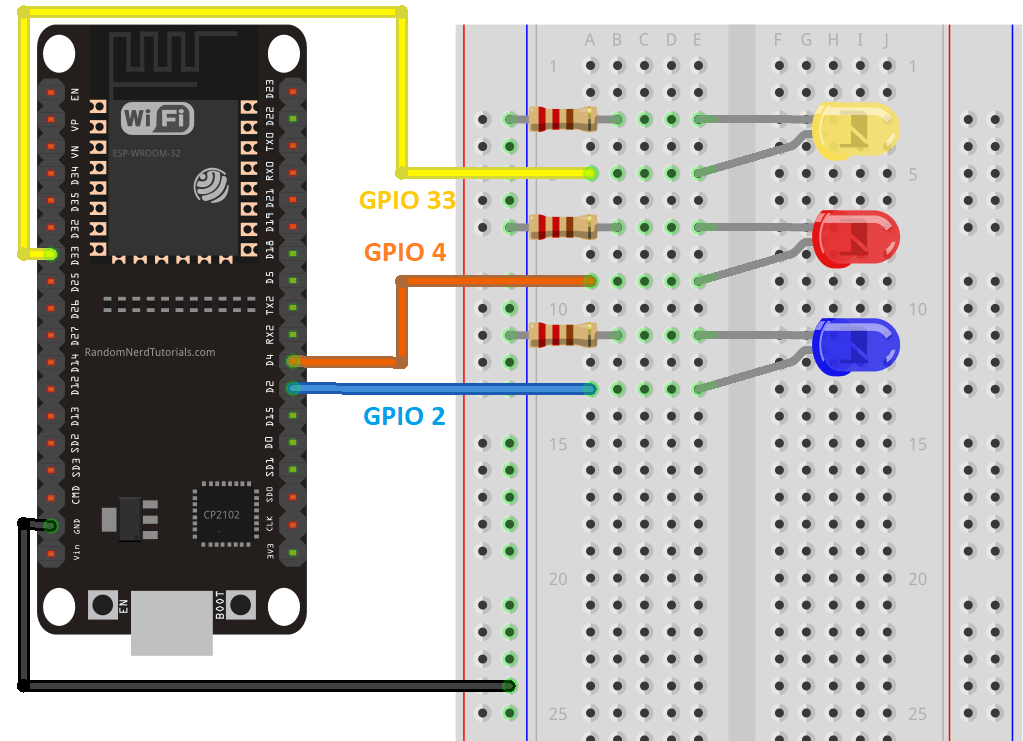 Схема подключения трёх светодиодов к ESP32 через резисторы 220 Ом