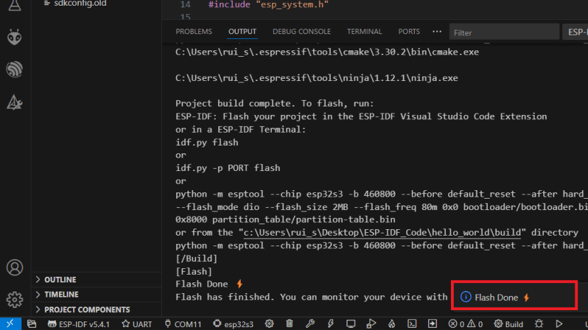 Сообщение Flash Done после прошивки ESP32