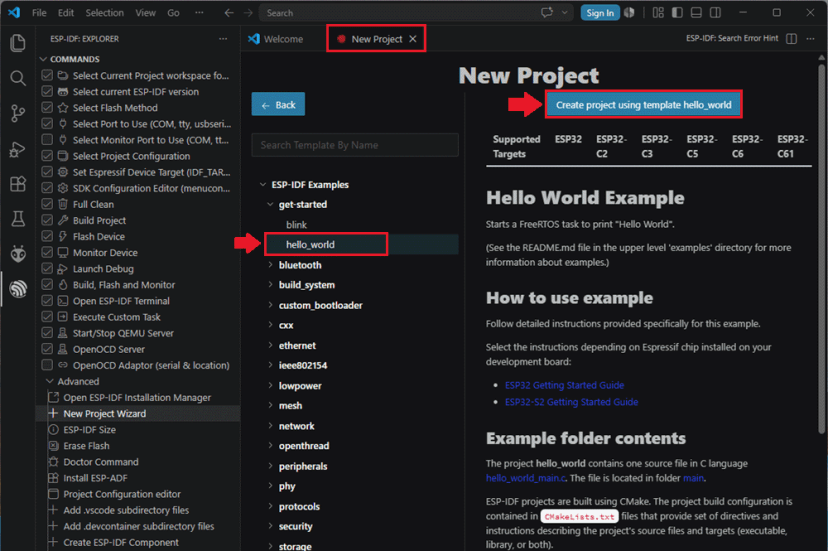 Страница примера Hello World с кнопкой создания проекта