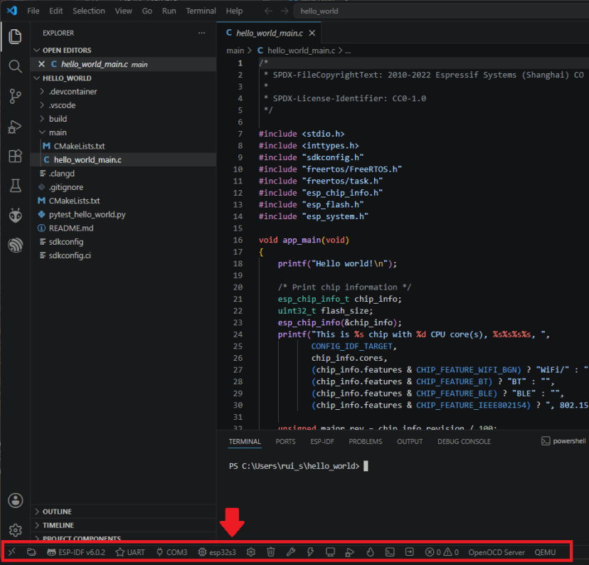 Панель инструментов ESP-IDF внизу окна VS Code