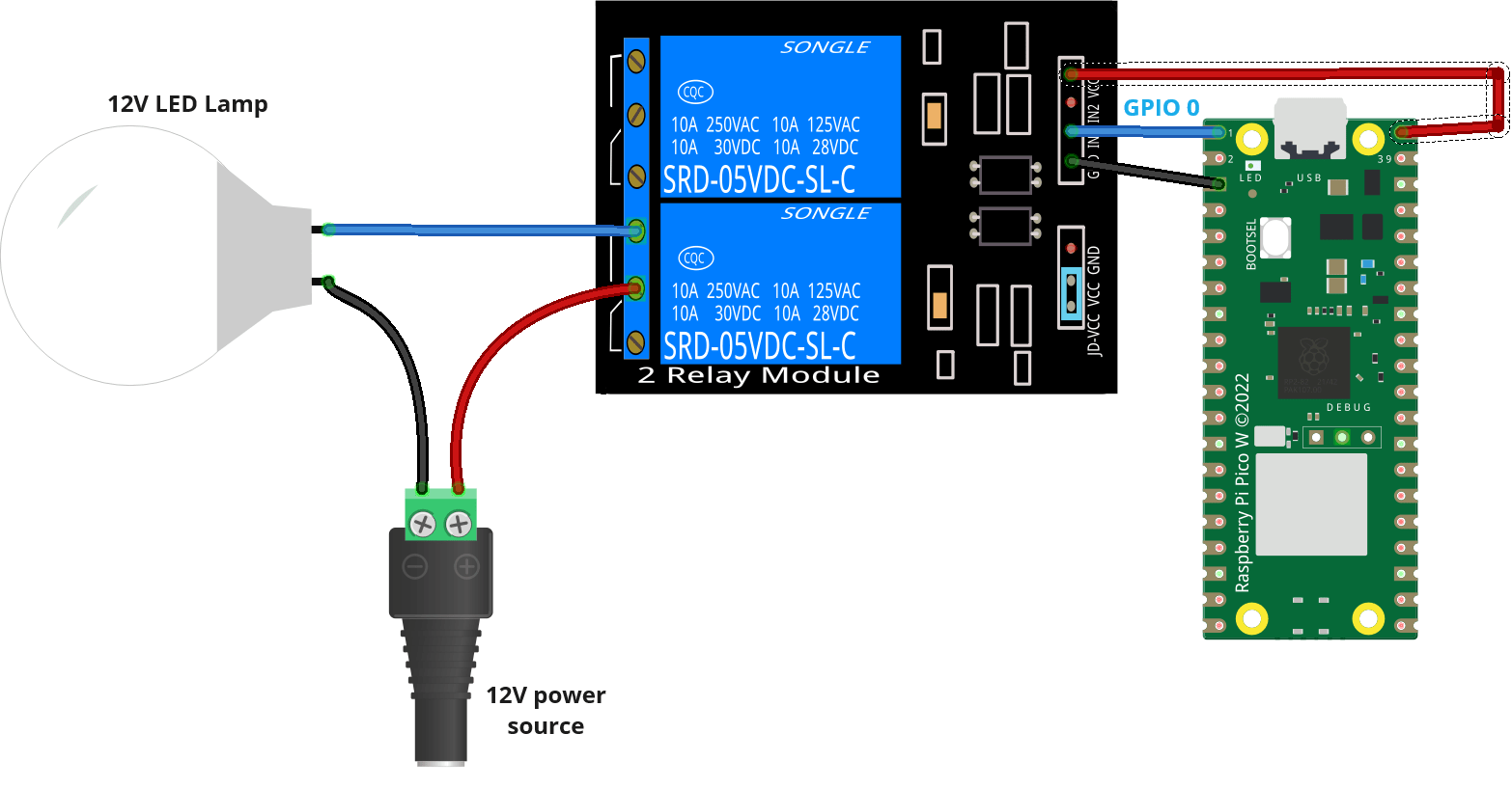 Схема подключения реле к Raspberry Pi Pico
